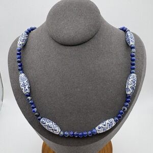 Sajen Sterling Silver 925 Blue Bali Porcelain Beads Necklace 15-20in 16.20g